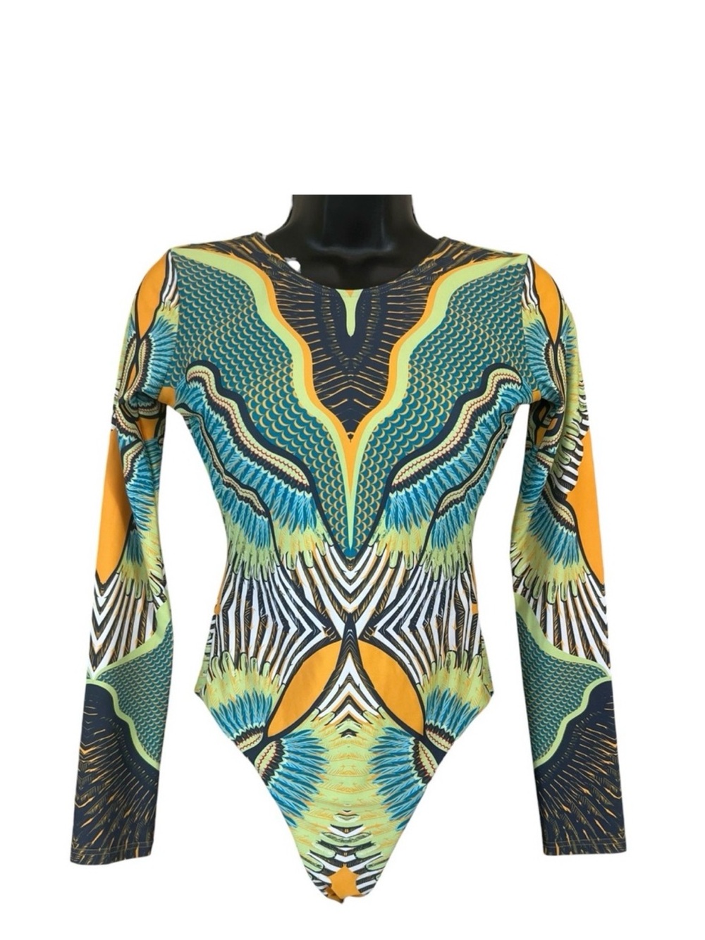 Long-Sleeve Abstract Print Women’s Swimsuit in Teal & Mustard